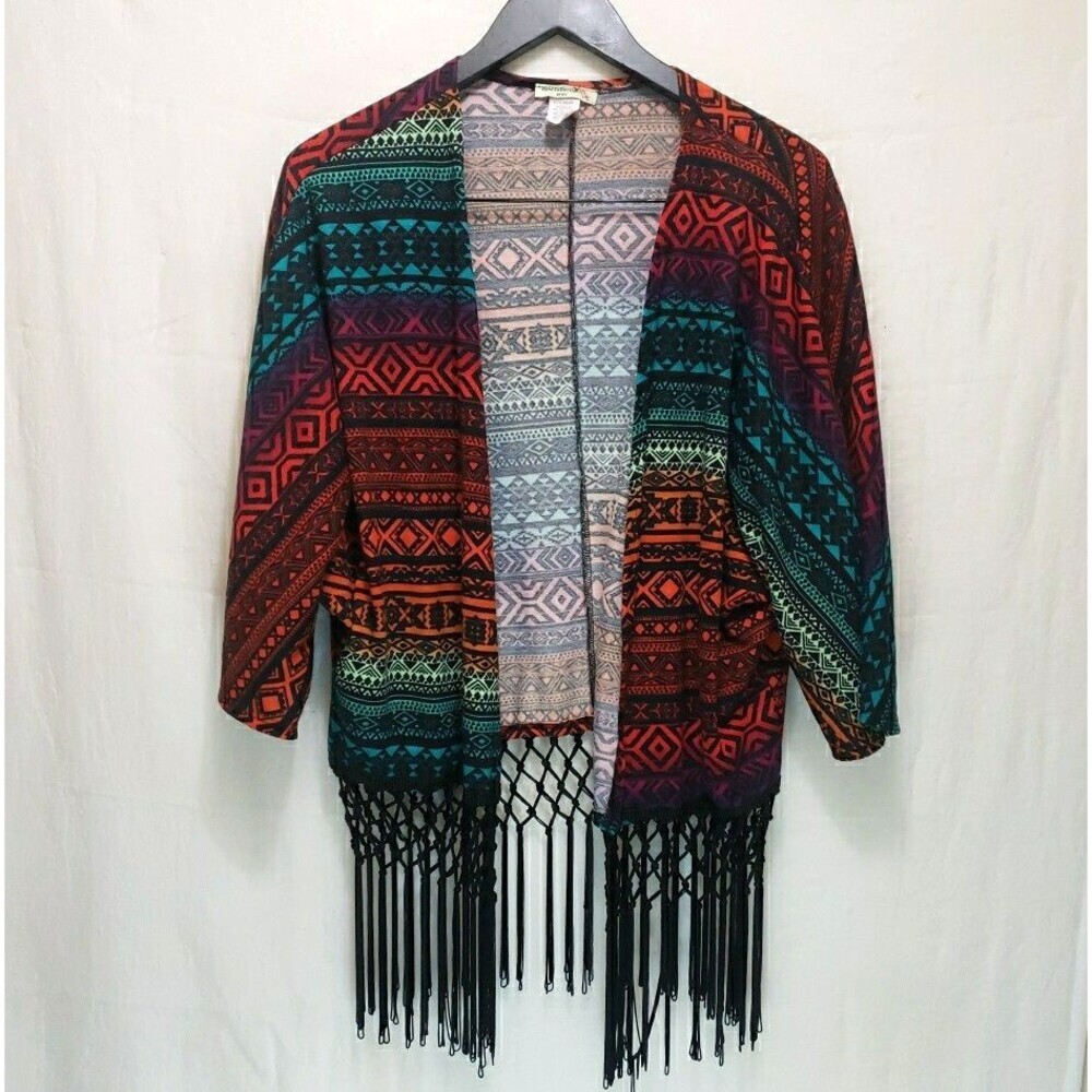 Vivid Collection of NY Aztec Geometric Fringe Kimono Cardigan Multicolor Boho M
